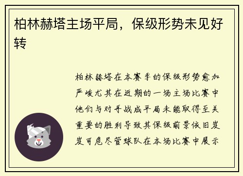 柏林赫塔主场平局，保级形势未见好转