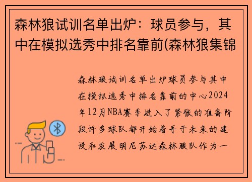 森林狼试训名单出炉：球员参与，其中在模拟选秀中排名靠前(森林狼集锦)