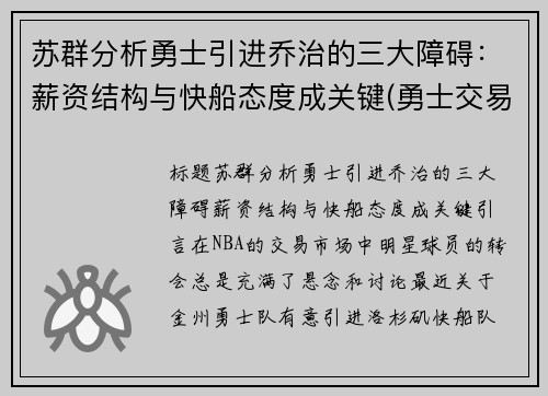 苏群分析勇士引进乔治的三大障碍：薪资结构与快船态度成关键(勇士交易保罗乔治)