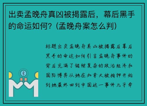 出卖孟晚舟真凶被揭露后，幕后黑手的命运如何？(孟晚舟案怎么判)