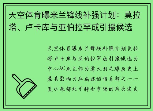 天空体育曝米兰锋线补强计划：莫拉塔、卢卡库与亚伯拉罕成引援候选