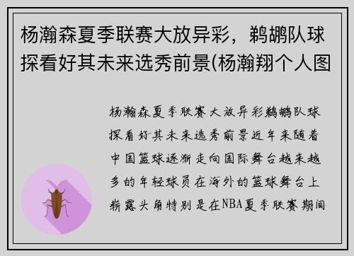 杨瀚森夏季联赛大放异彩，鹈鹕队球探看好其未来选秀前景(杨瀚翔个人图片)